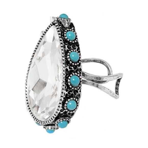 Unbranded Jewelry - Teardrop Crystal Statement Ring with Turquoise Bead Accents
